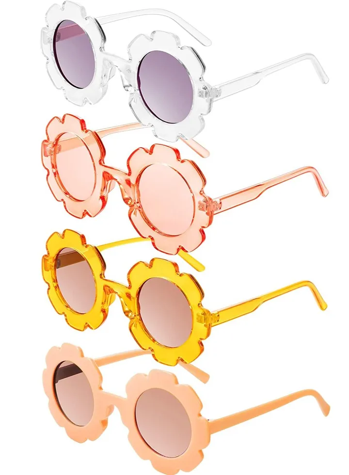 4 Pairs Kids Flower Shaped Sunglasses Round Toddler Flower Glasses with 4 Pack Glasses Cloth 4 Pack Flannel Bag for Baby Girls Boys Party Favor