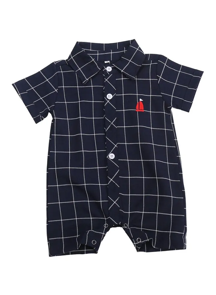 Boys Checked Short Sleeve Playsuit Navy