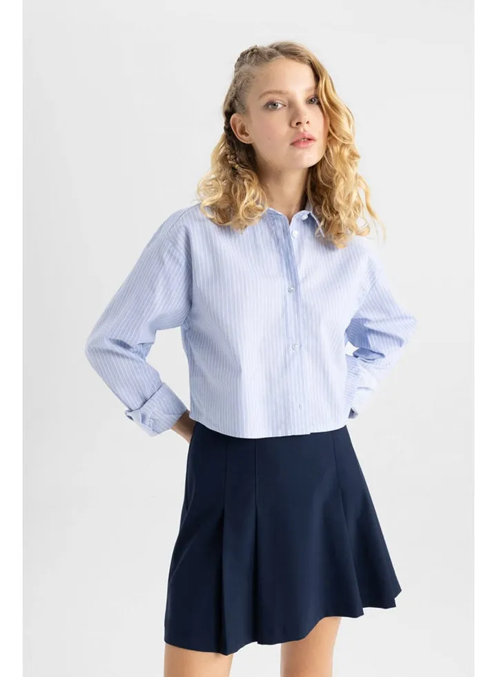 Woman Oversize Fit Shirt Neck Woven Long Sleeve Shirt