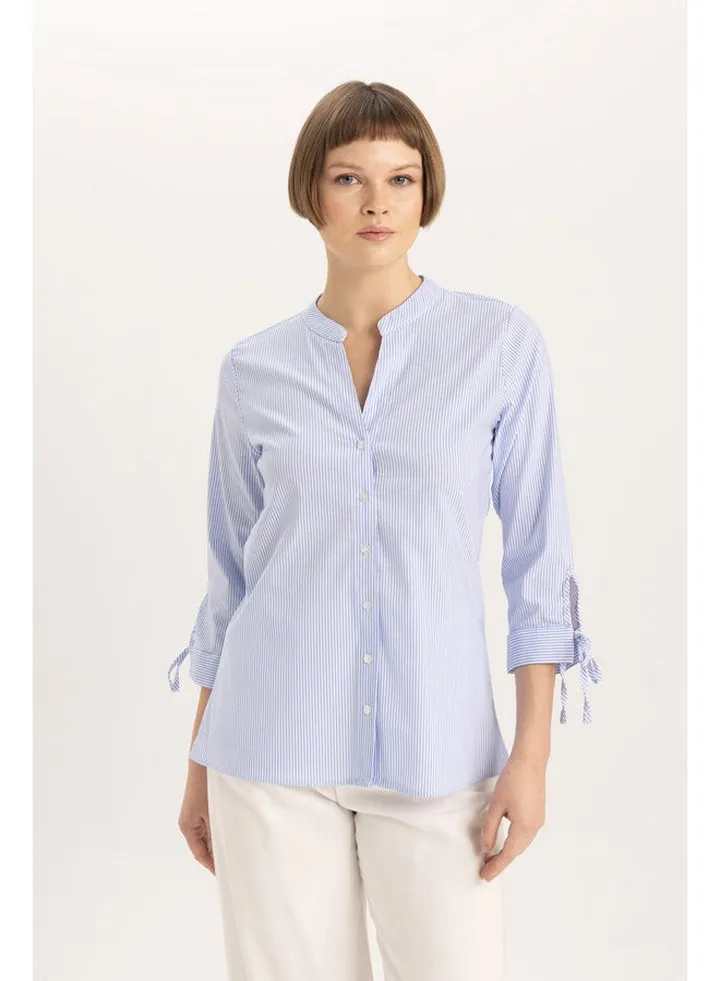 Woman Fitted C Neck Woven Long Sleeve Shirt