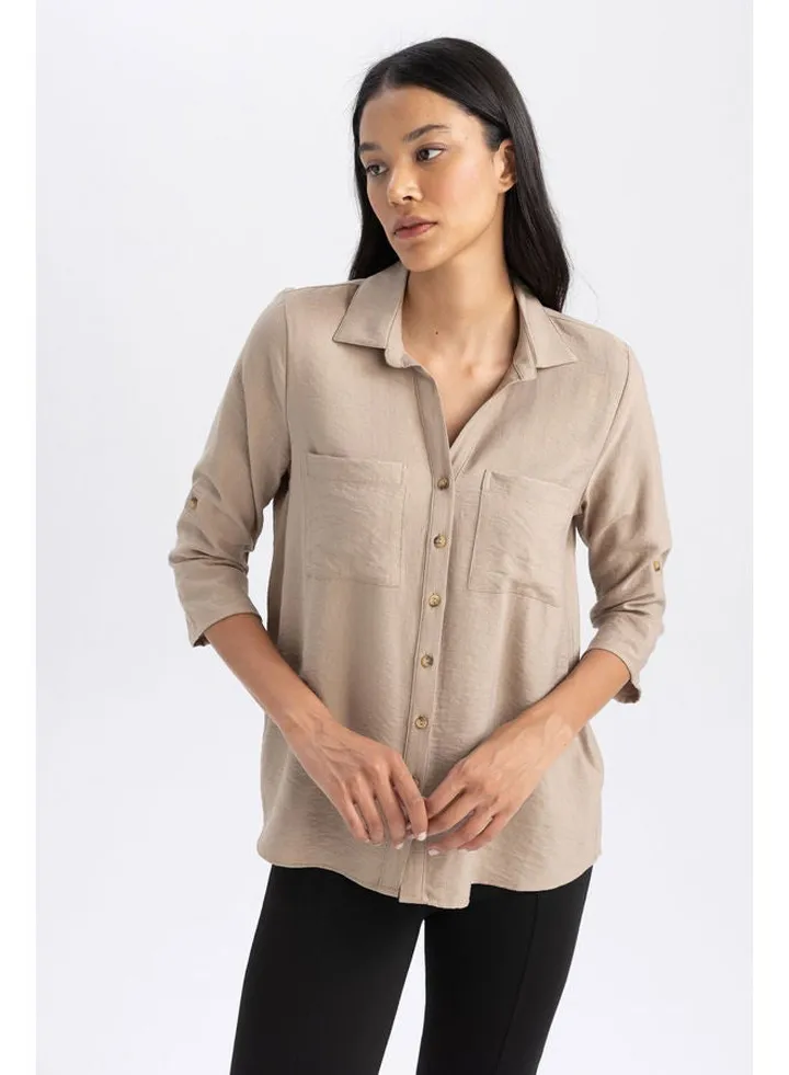 Woman Regular Fit Shirt Neck Woven Long Sleeve Shirt