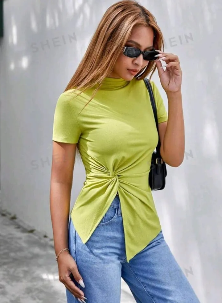 SHEIN Essnce Green Knotted Slim Fit Casual T-Shirt