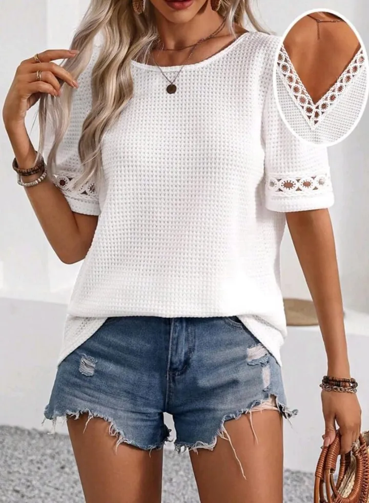 SHEIN LUNE Ladies' Lace Spliced Back Sleeves WHITE