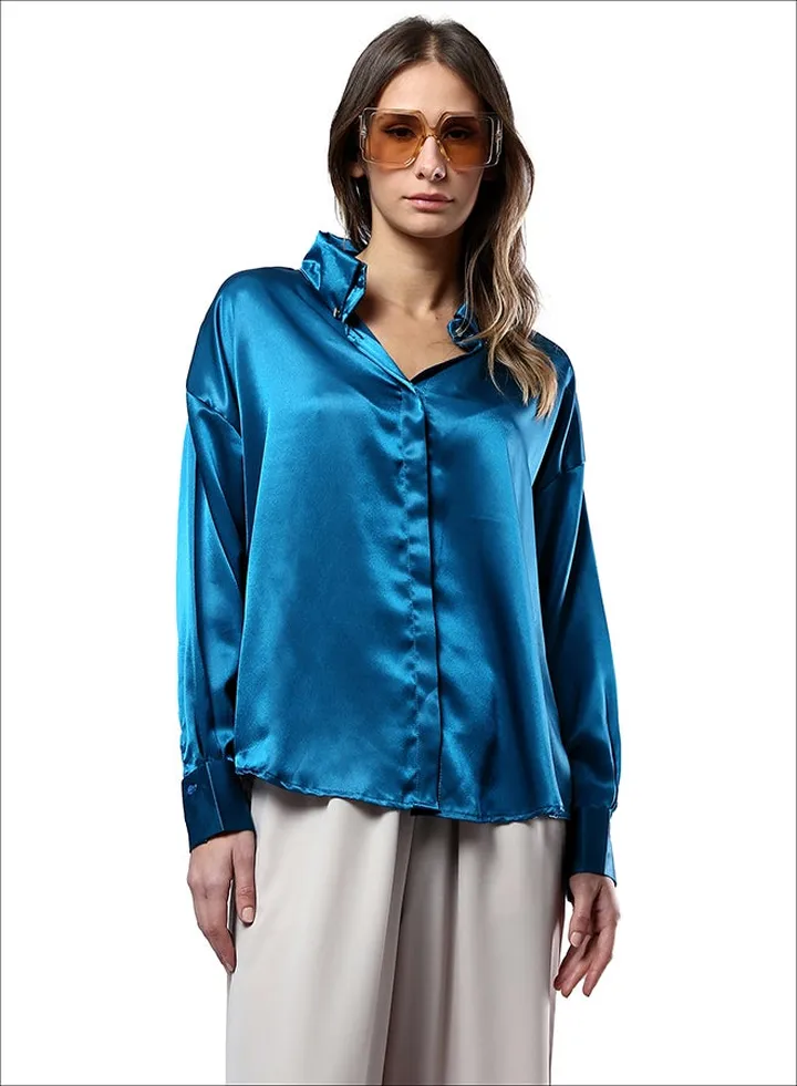 Long Sleeves Shiny Stain Petroleum Shirt