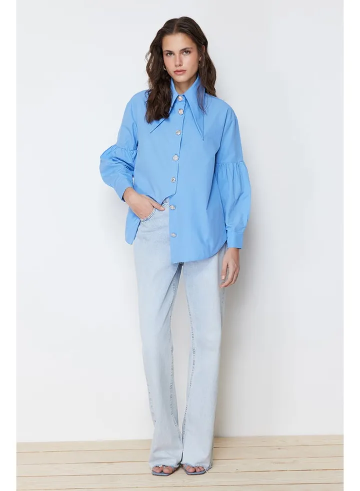 Blue Baby Collar Accessory Cotton Woven Shirt TCTSS24TG00029