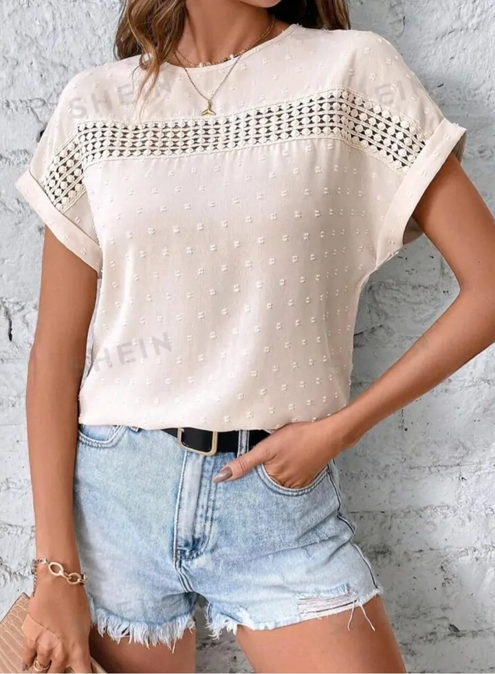 SHEIN LUNE Women's Patchwork Lace Dolman Short Sleeve Shirt