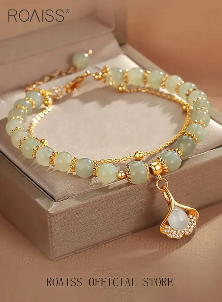 Fashion Jade Beads Two Layer Bracelet Women Girls Bracelet Leaf Lucky Jewelry Gifts Exquisite Bracelets Gemstone