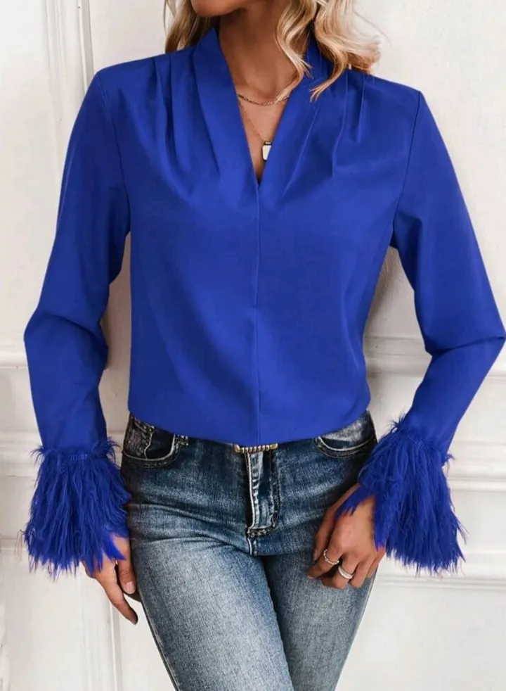 Women'S Furry Patchwork Pleated Shirt BLUE