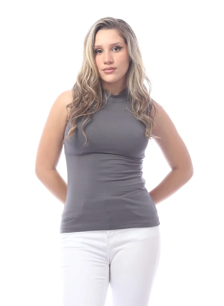 Women Basic Shirt, high neck, Sleeveless-Grey