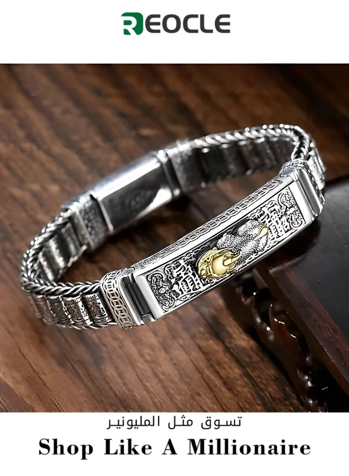 Men's Handmade Feng Shui Pixiu Bracelet with Magnetic Therapy Function Silver Bracelet Wealth Pixiu Lucky Bracelet Fortune Protection Bangle