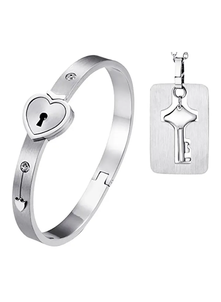 2-Piece Love Heart Lock Matching Bangle Bracelet