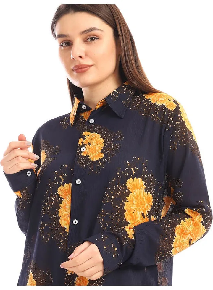 Floral Collared Neck Cotton Long Sleeve Blouse Navy Blue