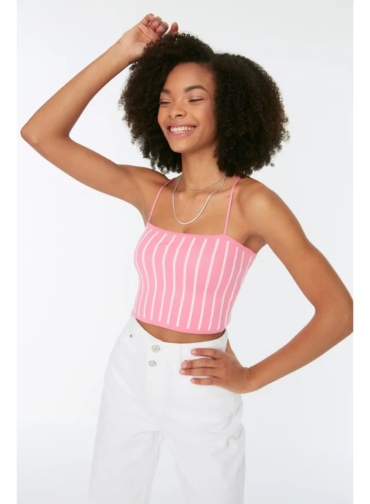 Pink Super Crop Color Blocked Knitwear Knitwear Blouse TWOSS22BZ1542