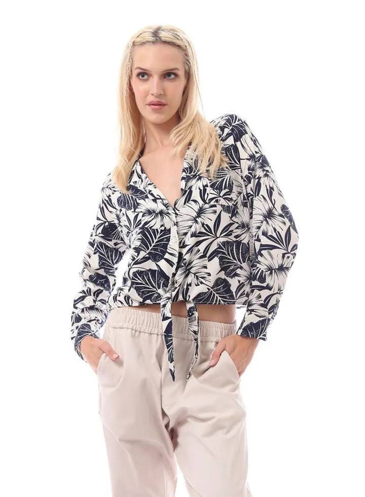 Long Sleeves Navy Blue & White Tropical Leaves Shirt