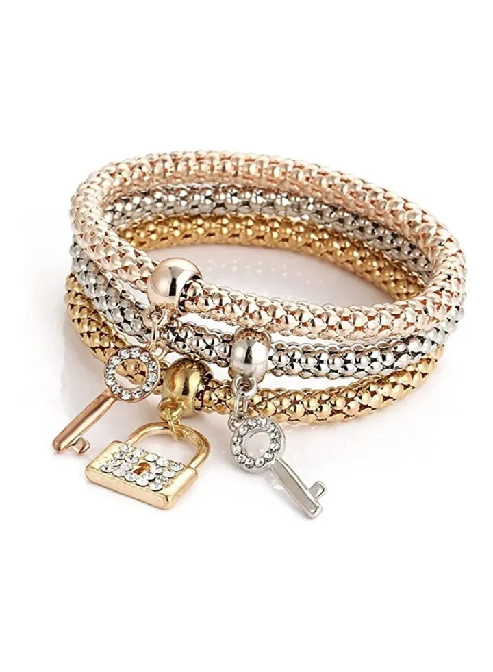 Silver and rose gold women's Key & Lock bracelet jewelry set
