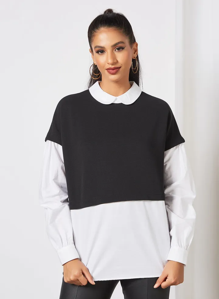 Knit Panel Top White/Black