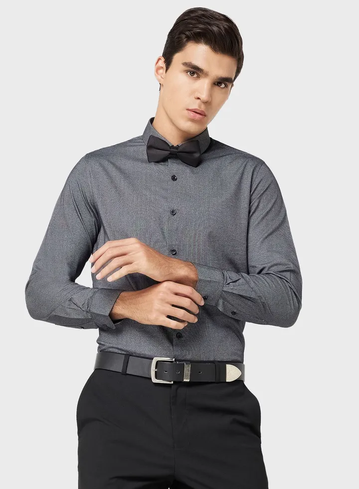 Men Easy Care Charcoal Grey Self Design Smart Sustainable Formal Shirt