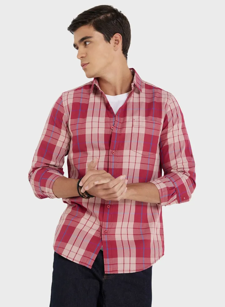 Men Maroon Beige Slim Fit Checked Sustainable Casual Pure Cotton Shirt