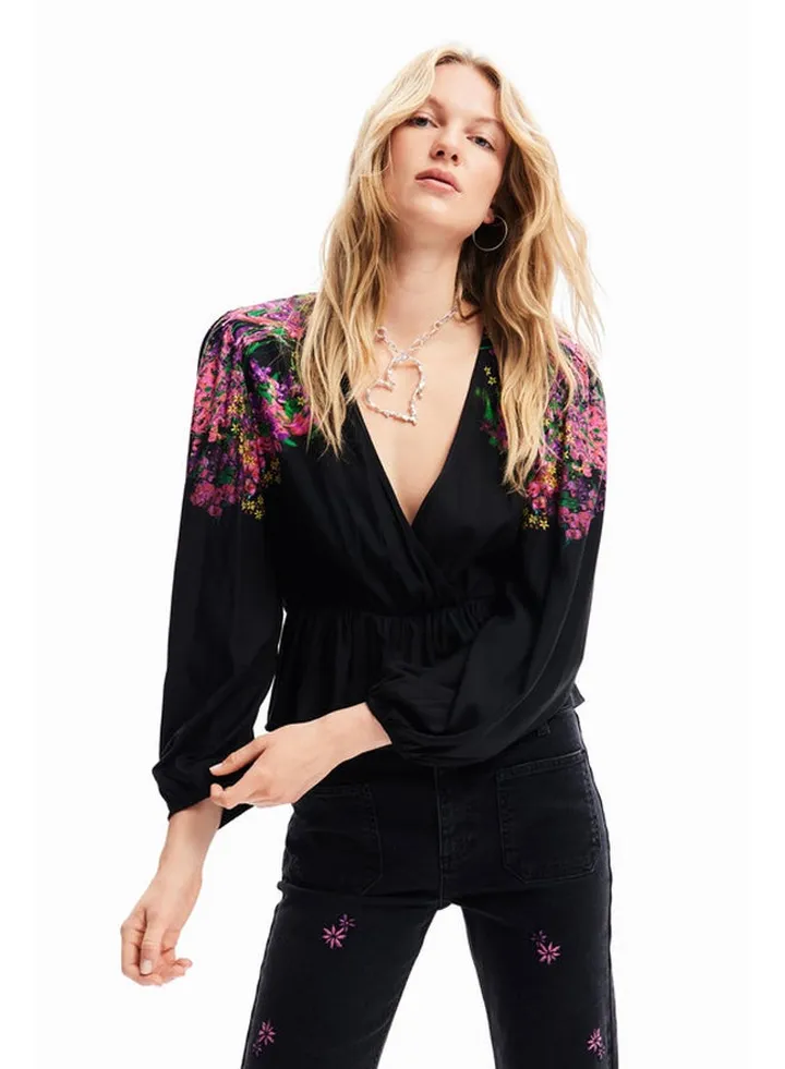 Digital floral wrap blouse