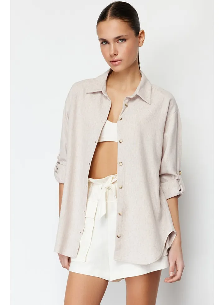 Beige Low Sleeve Oversize Cotton Linen Woven Shirt TWOSS24GO00057