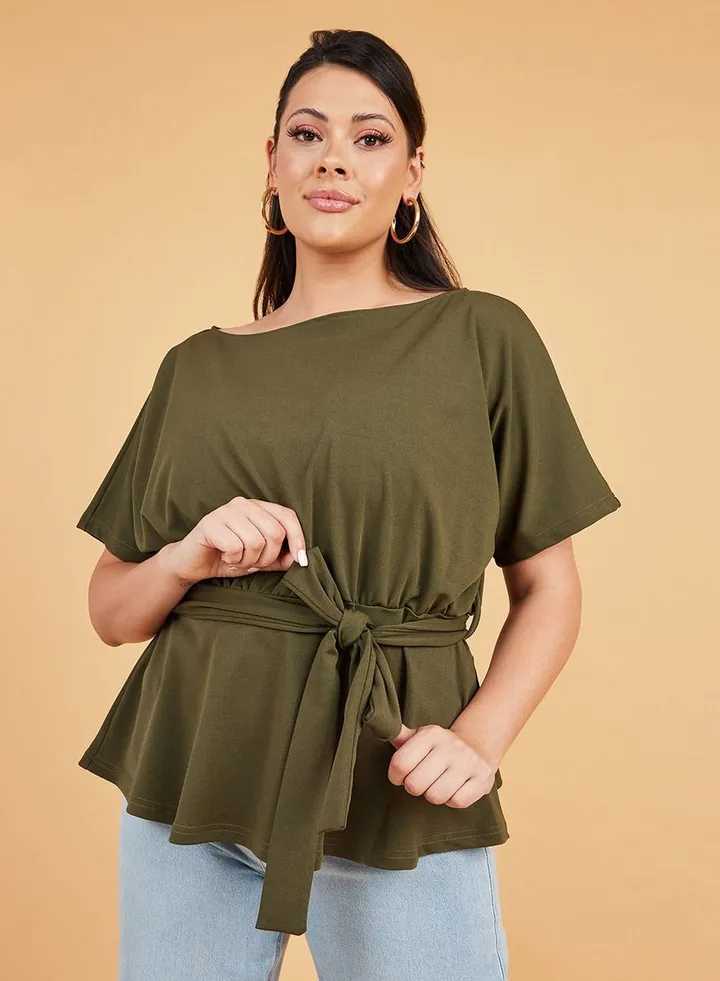 Plus Drop Shoulder Boat Neck Top with Tie Belt