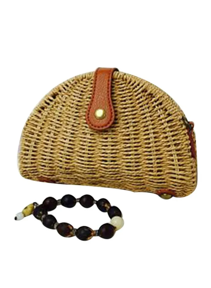 Shell Shape Semi-Circular Straw Purse Camel