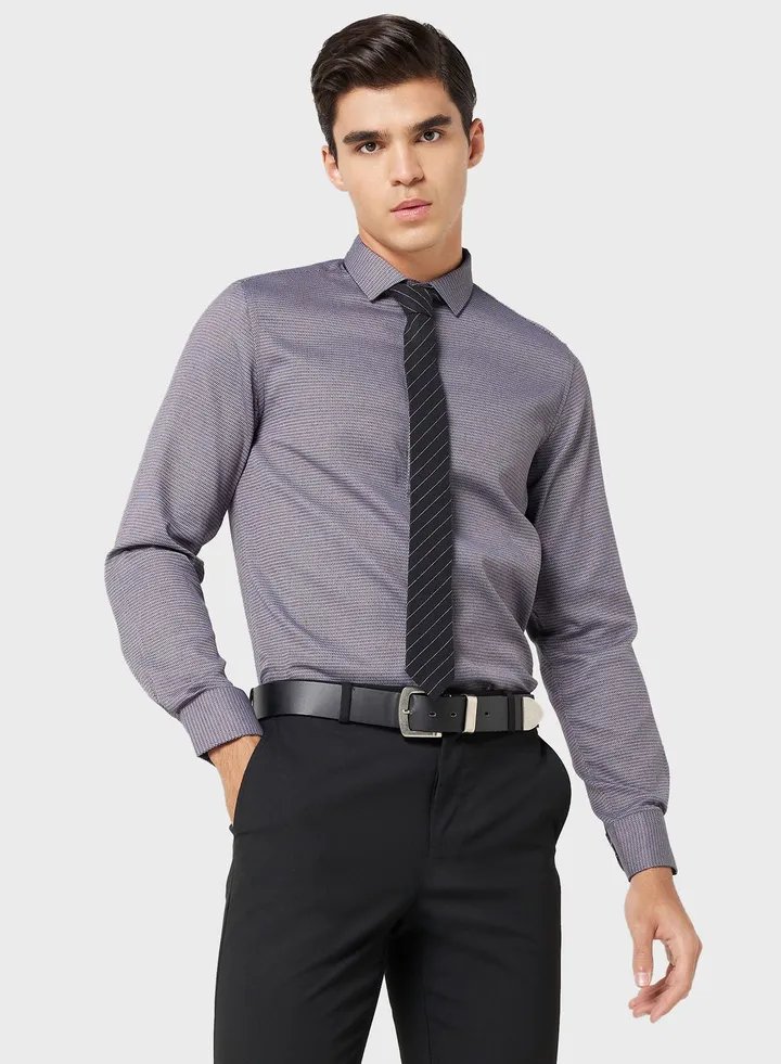 Men Easy Care Grey Black Self Design Sustainable Formal Shirt