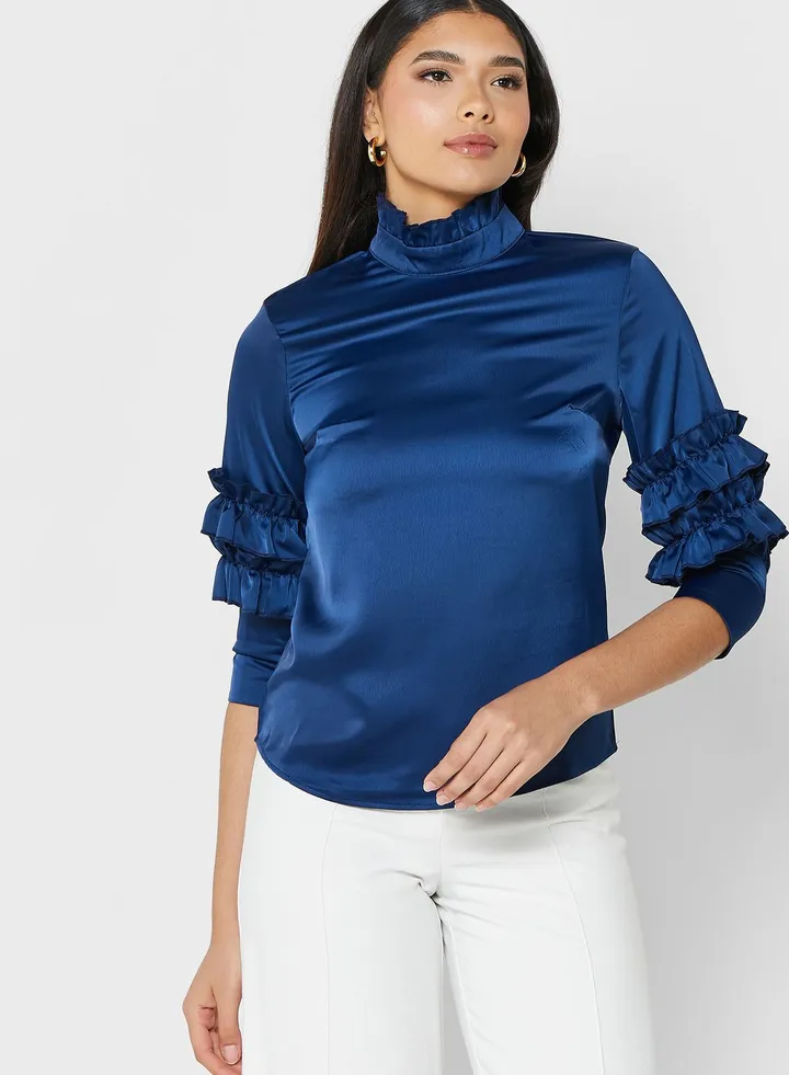 Ruffle Sleeve Hem Detail Top