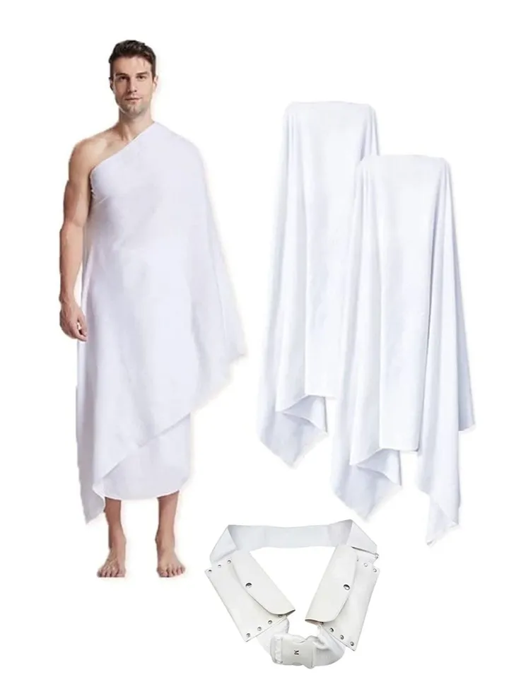 Original Men's Hajj Umrah clothing Ahram 100% Cotton Super Soft 2 Pcs Towel Set (top and Bottom) 110X210inch New Dry Fast Microfiber Woven Technology.AND Ahrams Waterproof Belt.WEIGHT 1000 GRAMS