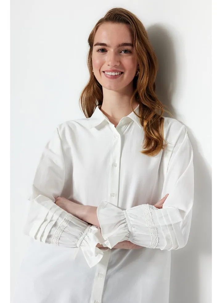 Ecru Embroidered Woven Cotton Shirt TCTSS23TG00033