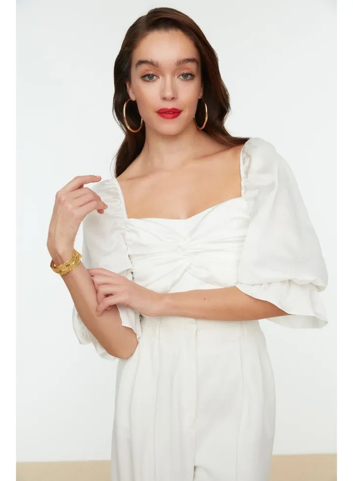 White Crop Lined Woven Satin Blouse TPRSS19BB0493