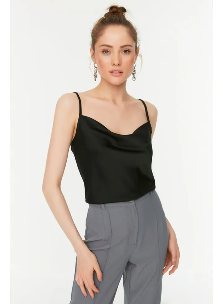 Black Strapless Collar Satin Woven Blouse