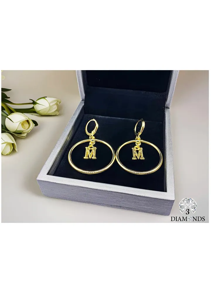 Earrings With The Letter M, Gold Plated Without Lobes - High Quality