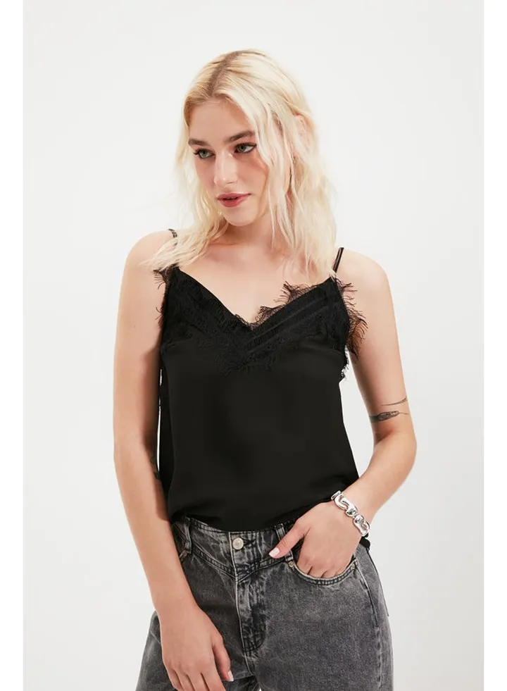 Black Lace Detailed Strappy Woven Blouse