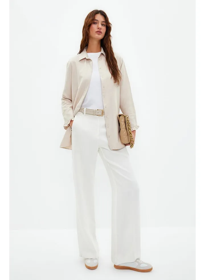 Beige Ruffle Denim Look Woven Cotton Shirt TCTSS23TG00042