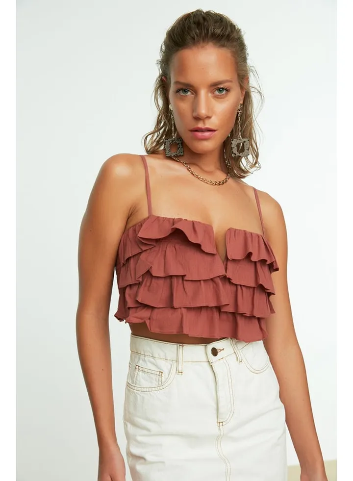 Brown Crop Woven Ruffled 100% Cotton Blouse TBESS21BZ0661