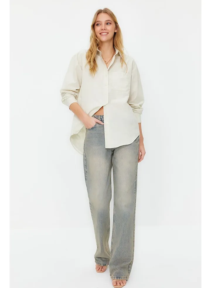 Dark Beige Single Pocket Boyfriend Woven Cotton Shirt TWOAW20GO0115