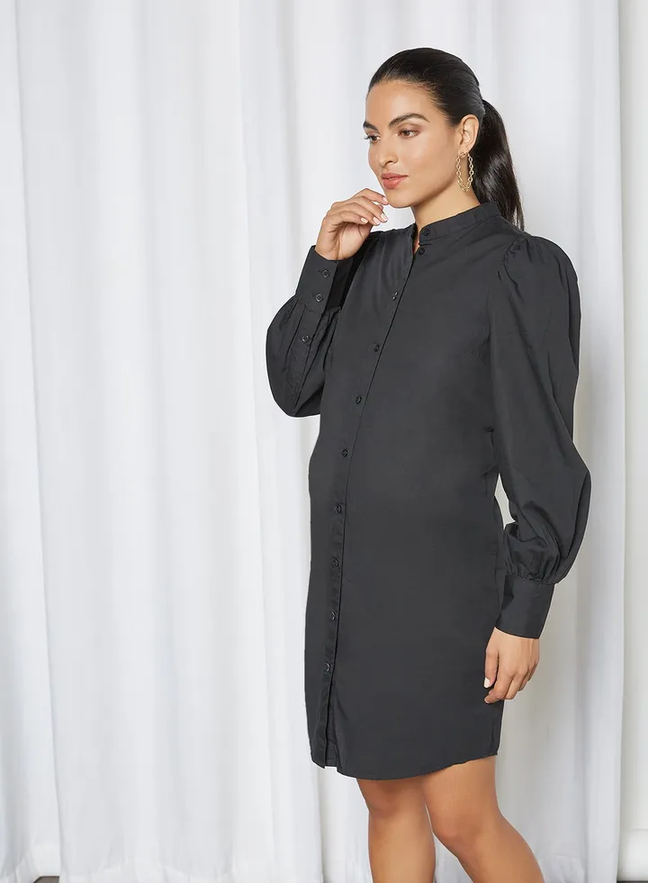 Puff Sleeve Maternity Dress Black