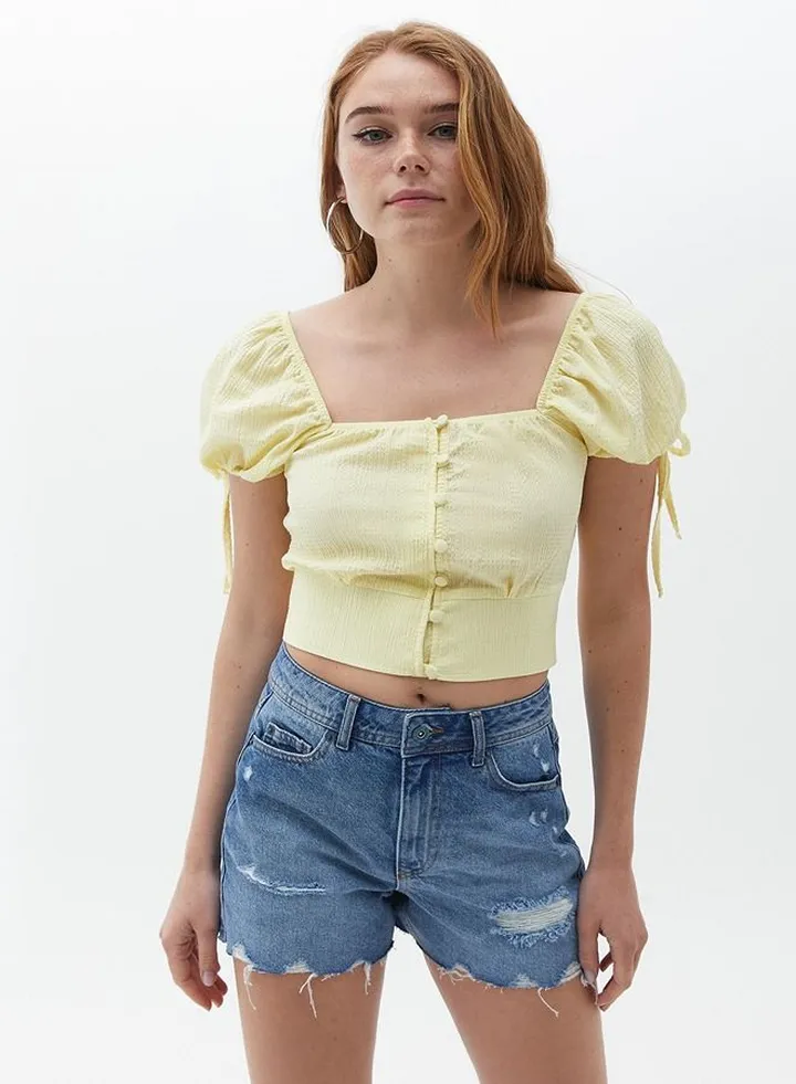 Women Yellow Square Neck Puff Sleeve Blouse