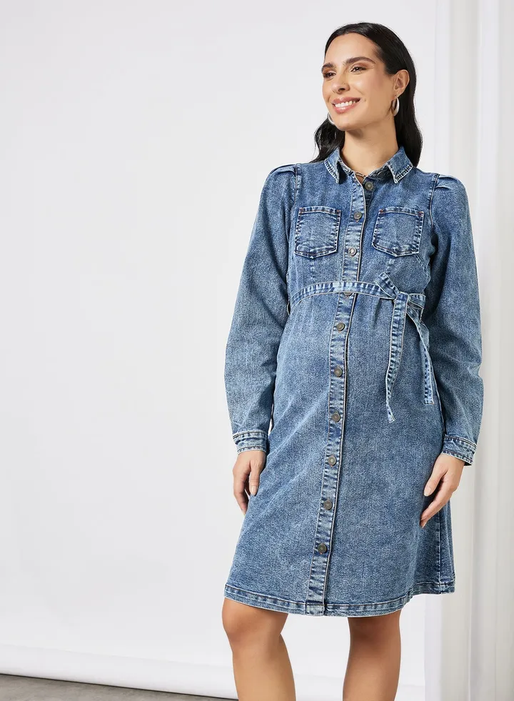 Maternity Puff Sleeve Denim Dress Blue