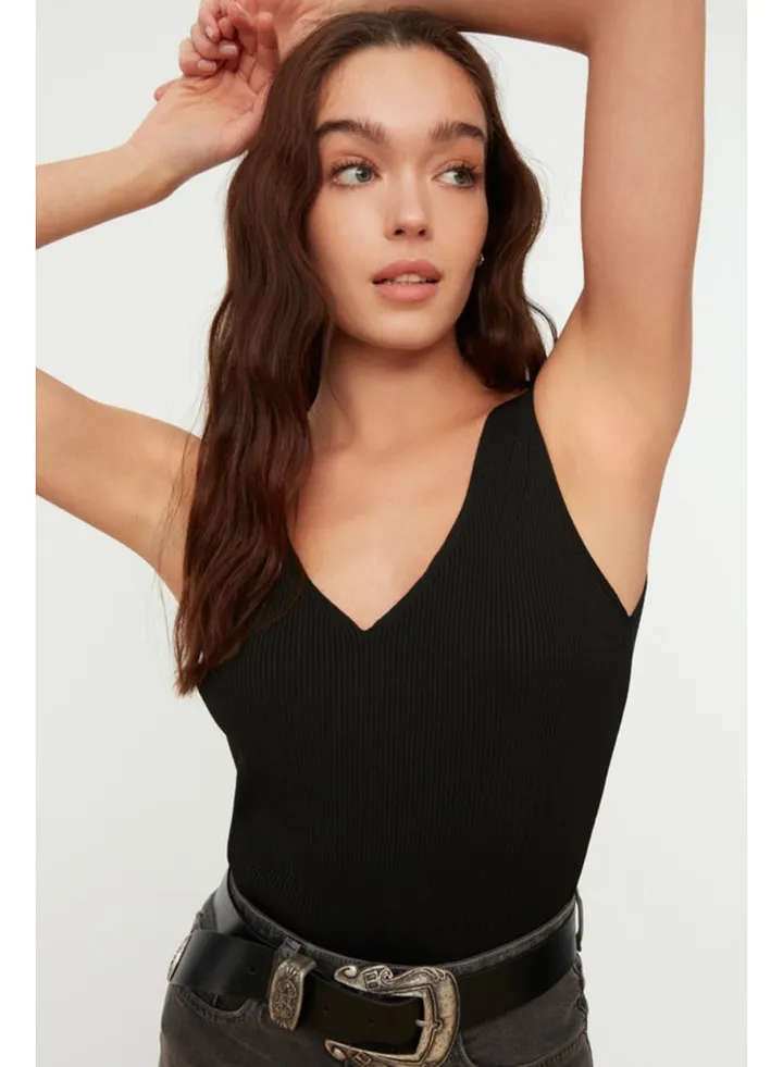 Black Strap V-Neck Knitwear Blouse