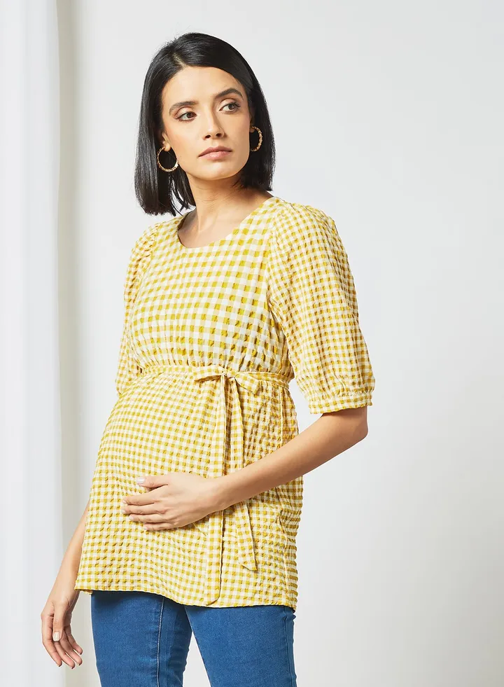 Lucilla Puff Sleeved Maternity Top Amber Gold/White