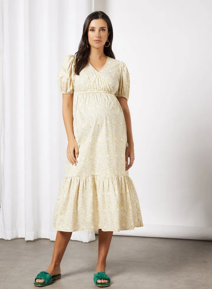 Maternity Puff Sleeve Dress Yellow