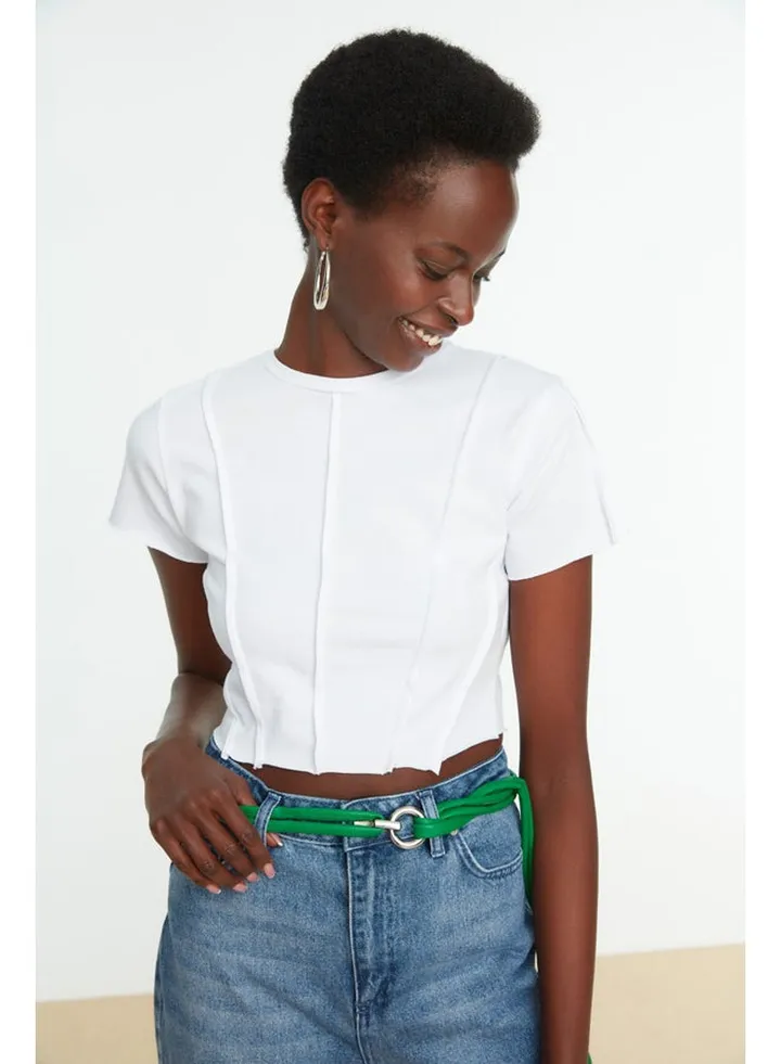 White 100% Cotton Rib Detailed Fitted Crew Neck Knitted Blouse TWOSS21BZ2050