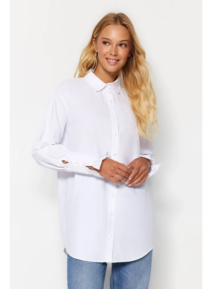 White Ruffle Detail Cotton Woven Shirt TCTAW24TG00016