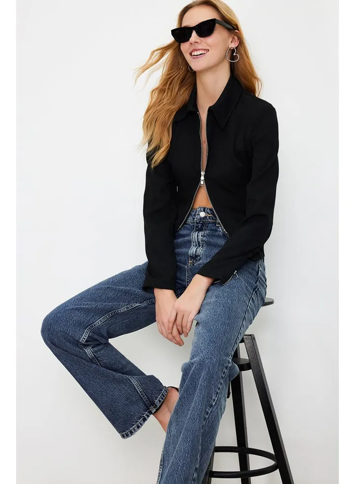Black Zipper Detailed Woven Shirt TWOSS24GO00065
