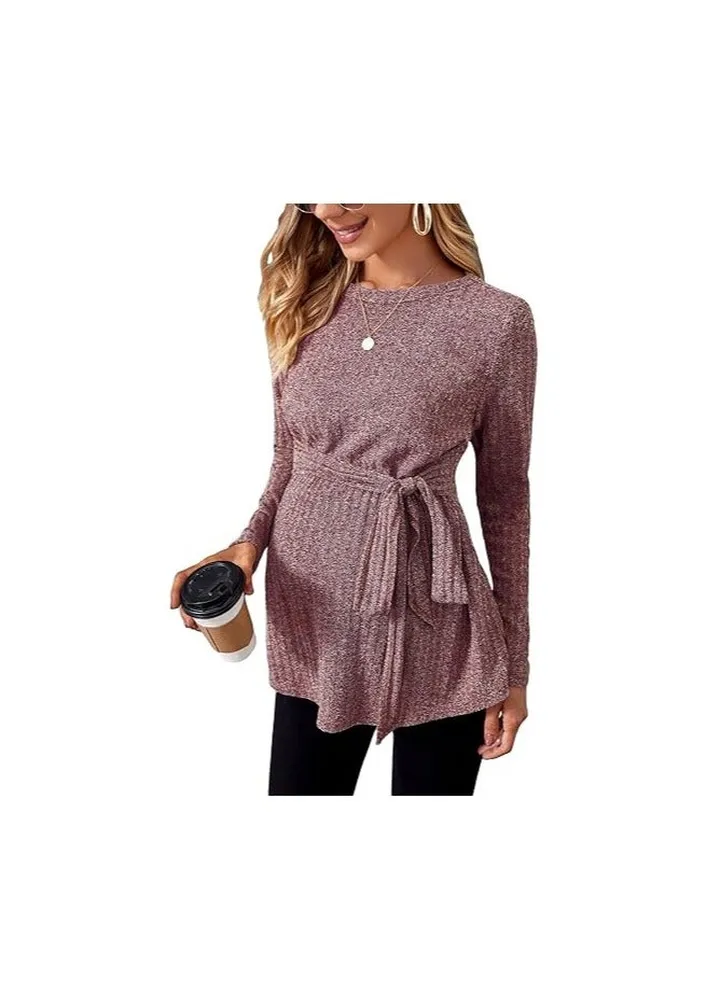 Women's Maternity Shirts Casual Long Sleeve Tie Front Ribbed Knit Pregnancy Tee Top