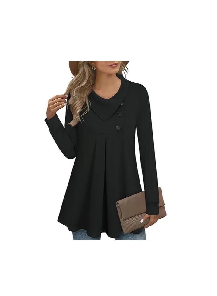 Women's Long Sleeve Button Lapel Pullover Tunic Swing Sweatshirt