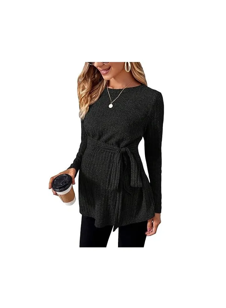 Women's Maternity Shirts Casual Long Sleeve Tie Front Ribbed Knit Pregnancy Tee Top
