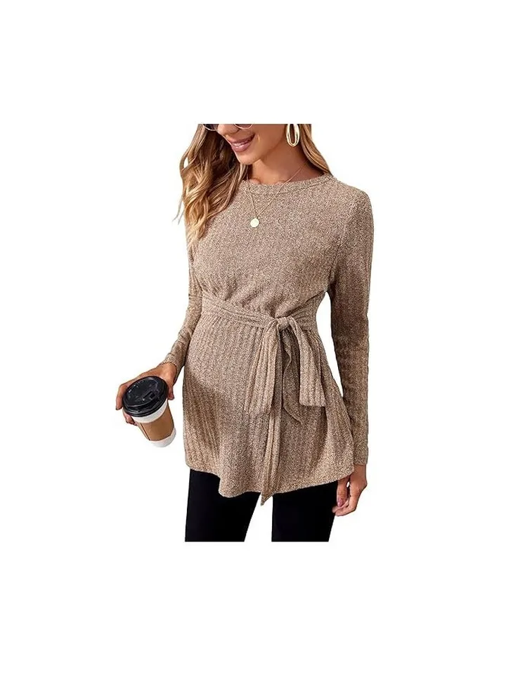 Women's Maternity Shirts Casual Long Sleeve Tie Front Ribbed Knit Pregnancy Tee Top